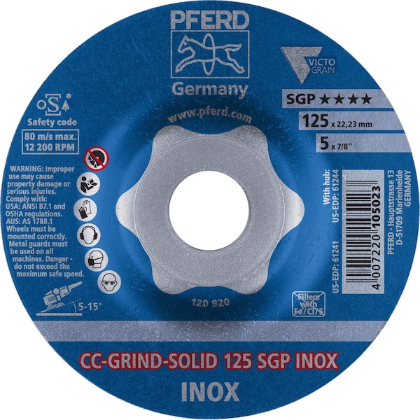 Pferd 61241 5in CC Grind Solid 7/8in A.H. - SGP INOX Victograin-Cool 61241-PFERD - main